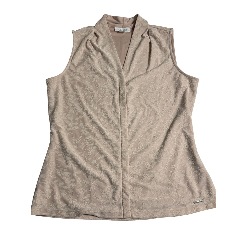 Calvin Klein womans beige brocade floral sleeveless top lined v neck Size Medium